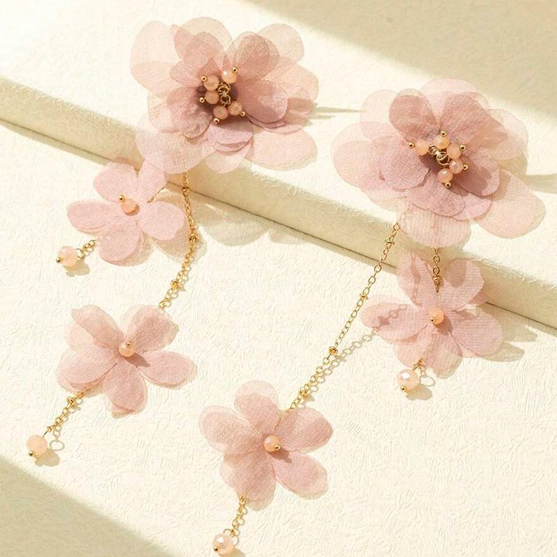 

White Fabric Flower Drop Earrings For Women Gold Plating Chain Long Tassel Faceted Acrylic Beads Dangle Earrings Trendy Jewelry