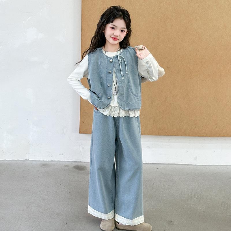 Girls' Denim Vest and Lace Pants Set – Long Sleeve Base Shirt Included (Spring/Autumn 2025)