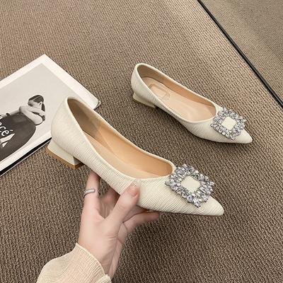 Luxurious Rhinestone Buckle Decor Point Toe Chunky Heeled Pumps Elegant Party Wedding Shoes Low Heel Comfort Office Work Shoes