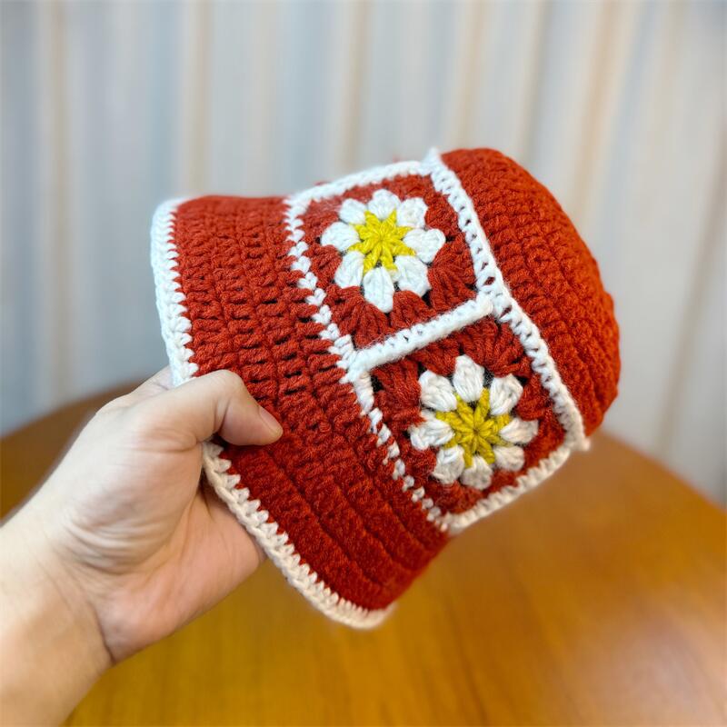 Haken Blume Kontrastfarbe Fischerhut Damen Herbst und Winter Warme Wollmütze Retro Lochstrickmütze Kinder