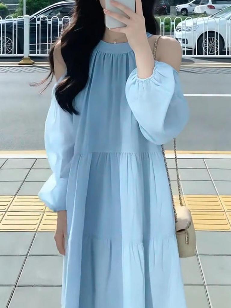 New French gentle wind sweet loose beautiful fairy long dress seaside vacation wind off-the-shoulder dress female