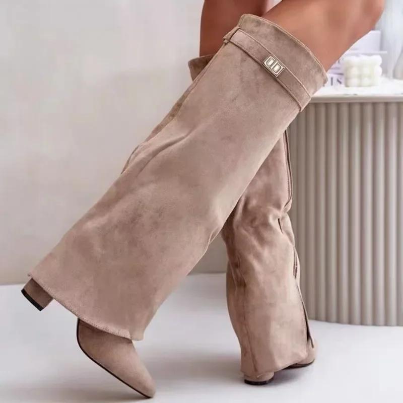 Elegant High Heel Mid-Calf Boots with Metal Buckles for Formal Banquets, Stylish Riding Boots for Women, Chunky Heel Dress Boots