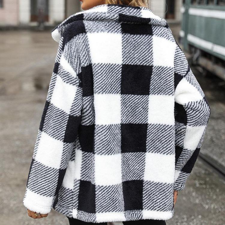 Winter Women Casual Coat Fashion Plaid Medium Length Lapel Long Sleeved Single Breasted Double Sided Autumn Jacket