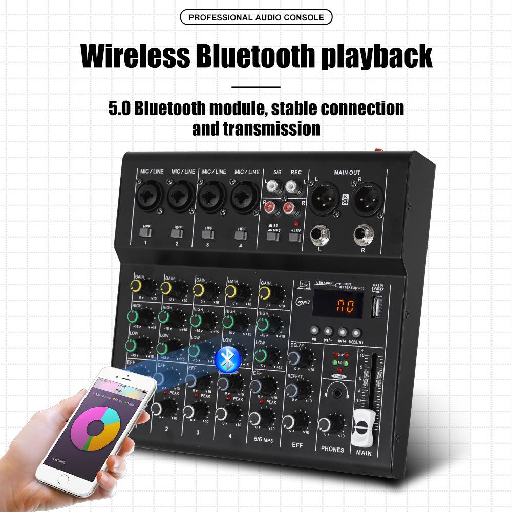 Kompakter 4/6-Kanal Bluetooth Soundkartenmischer für professionelle Bühne und Live-Übertragungen