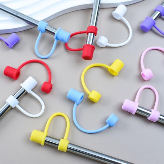 5Pcs Silicone Straw Cover for 8mm Large Diameter Straws Toppers U-Shaped Lanyard Straw Lid Dust-Proof Reusable Straw Protector for Glass Stainless