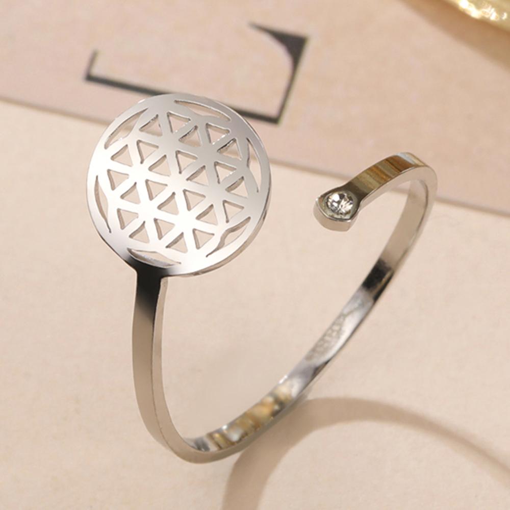 Dawapara Flower of Life Cutout Women Adjustable Ring Mandala Sacred Geometry Yoga Kabbalah Jewelry Stainless Steel
