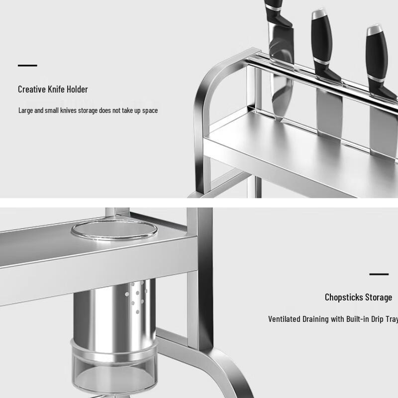 Stainless Steel 2-Tier Kitchen Spice Rack with Knife & Chopstick Holder
