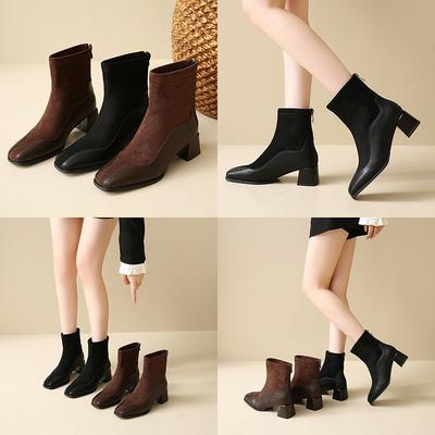 Herbst neue Mode Stiefel Damenschuhe Winter mittlerer Absatz dicker Absatz eckige Spitze Wildleder Reißverschluss hinten hoher Absatz kurze Stiefel