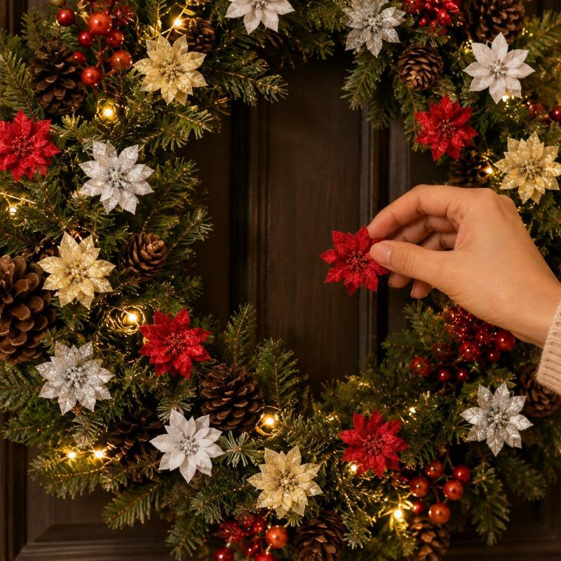 100/5x Simulated Christmas Flowers Glitter Artificial Poinsettia Merry Christmas Decorations Wedding Party Gift Decor Flowers