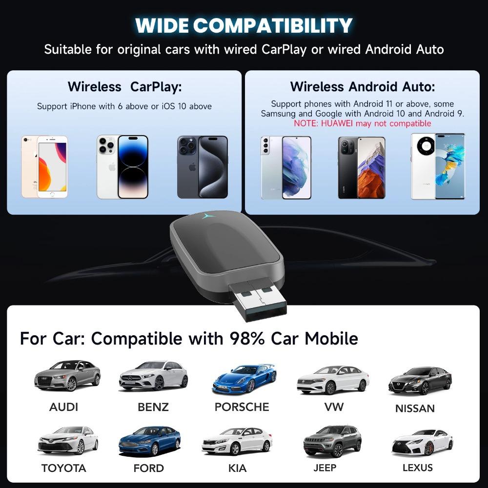 2 in 1 Wireless CarPlay Android Auto Adapter Smart Box Convert Wired to Wireless Plug & Play Bluetooth 5.2 Connection Universal