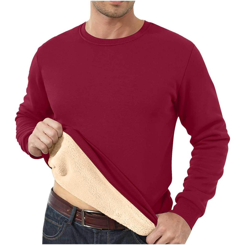 Men's Fleece-Lined Crew Neck Sweatshirt - Loose Fit, Solid Color, Warm Autumn/Winter Wear.