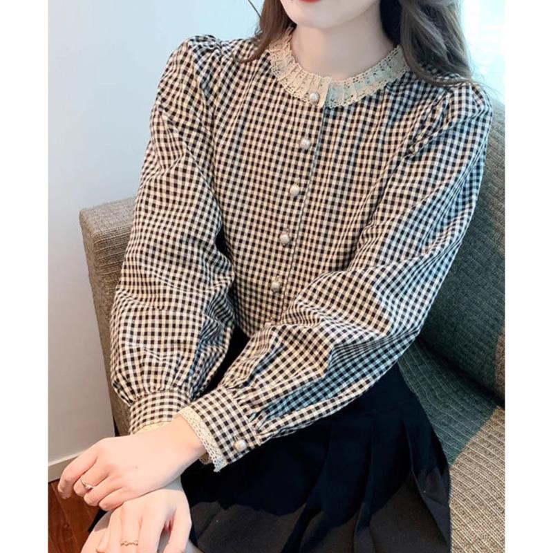 French Retro Plaid Long Sleeve Shirt - Women's Stylish Round Neck Button-Up