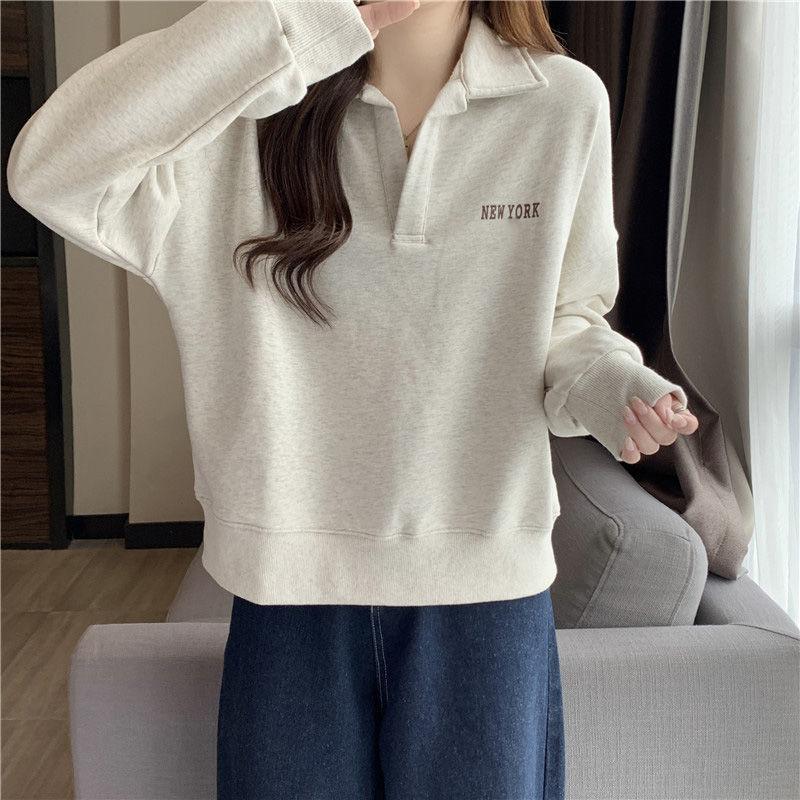 Autumn and Winter Thin Section of Long-sleeved T-shirt Female Polo Shirt Thin Age Reduction Letter Print Loose Hundred Lapel Sweater