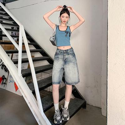 2025 Spring/Summer American Retro High-Waisted Distressed Denim Mid-Length Women's Shorts, Versatile Loose Wide-Leg 5-Point Pants