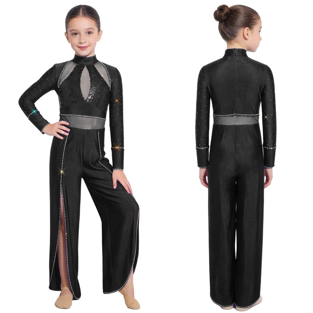 Kids Girls Lyrical Dance Costume Shiny Rhinestones Sequins Mesh Patchwork Jumpsuit Mock Neck Long Sleeve Back Invisible Zipper Split Wide Leg Bodysuit
