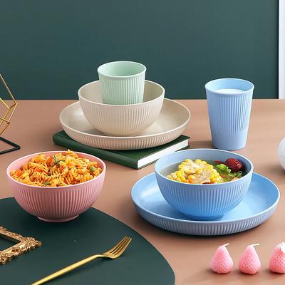 4Pcs Wheat Straw Bowl Cup Plate Household Eating Vertical Pattern Dinner Plate Dining Bowl Water Cup Tableware Set Portable Set