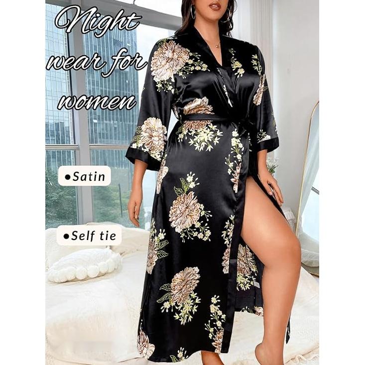 Women's Plus Size Valentines Robe, Sexy Satin Robe Long Sleepwear