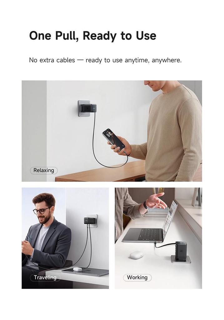 Mai Duo Duo MDD FreeGo 100W GaN USB-C Retractable Cable Fast Charger 3C1A