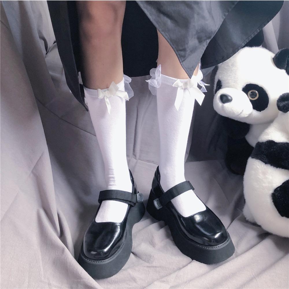 Japanese Lolita Retro White Satin Bow Trendy Cool Dark Jk Two Wear Stacked Calf Socks