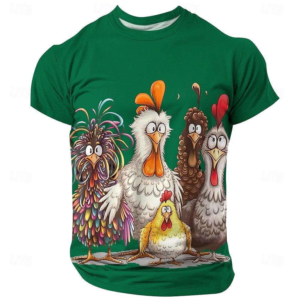 Men's T-Shirt Cartoon Chicken Print Summer Short Sleeve Tops O-Neck Pullover Outdoor Casual Clothing