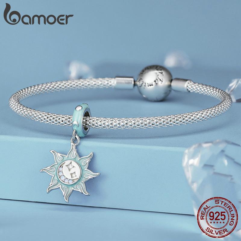 BAMOER 925 Sterling Silver Wing Heart Series Guard of Love Moonstone Charms for Women Original Bracelet Fine Jewelry