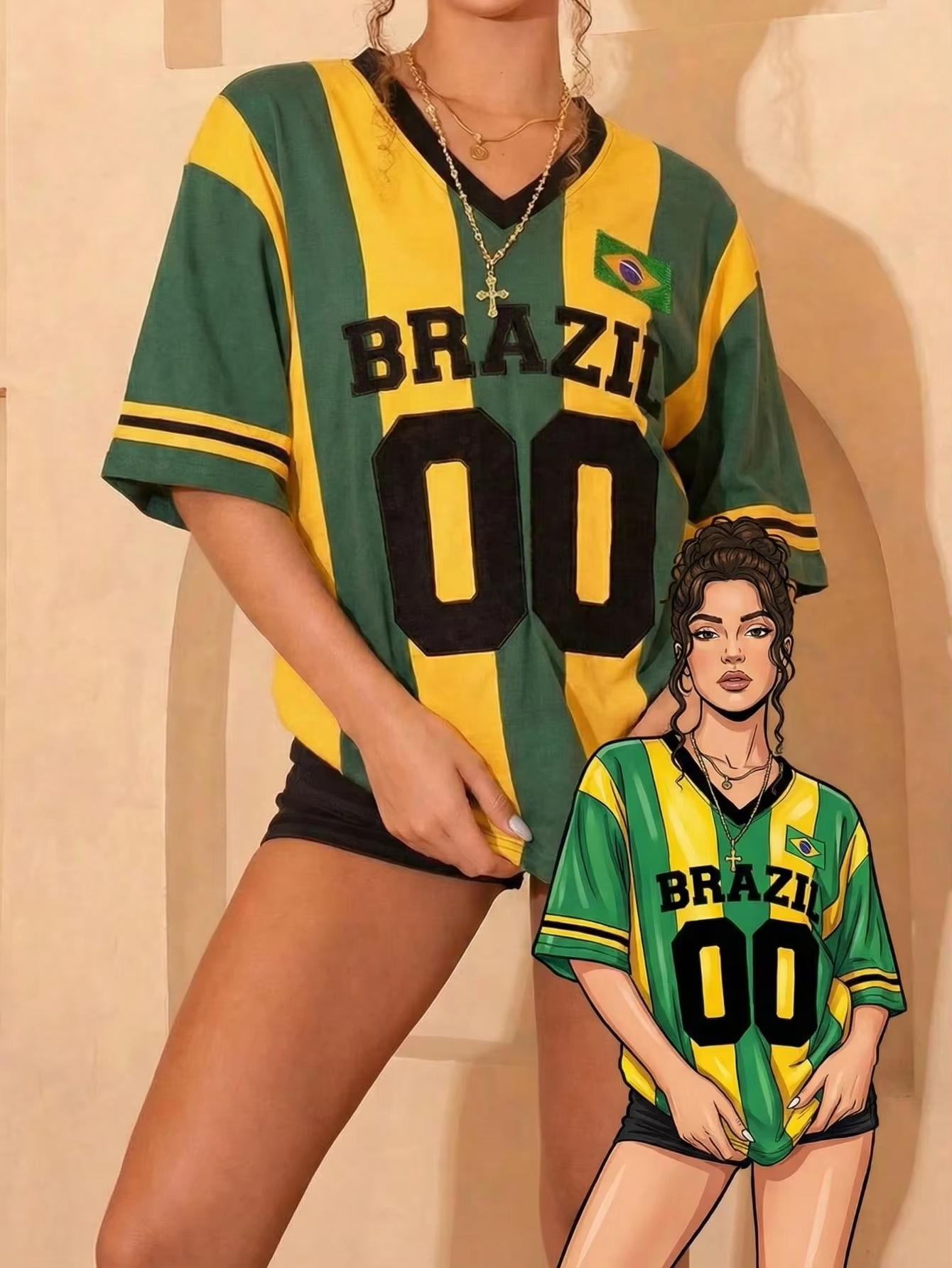 Y2K Brazil Jersey Green & Yellow Striped Loose V-Neck T-shirt Streetwear Style Women s Sporty Stylish Pullover Loose T-shirt 4XL