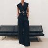  European and American Amazon Women's New V-Neck Short Sleeve Thin Belt Waist Cardigan High Waist Wide Leg Pants Temperament Set
