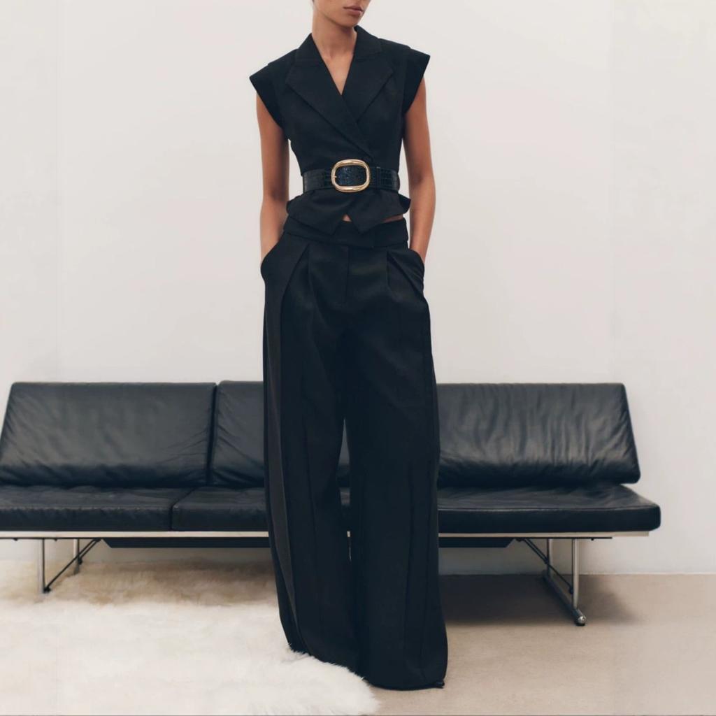 European and American Amazon Women's New V-Neck Short Sleeve Thin Belt Waist Cardigan High Waist Wide Leg Pants Temperament Set