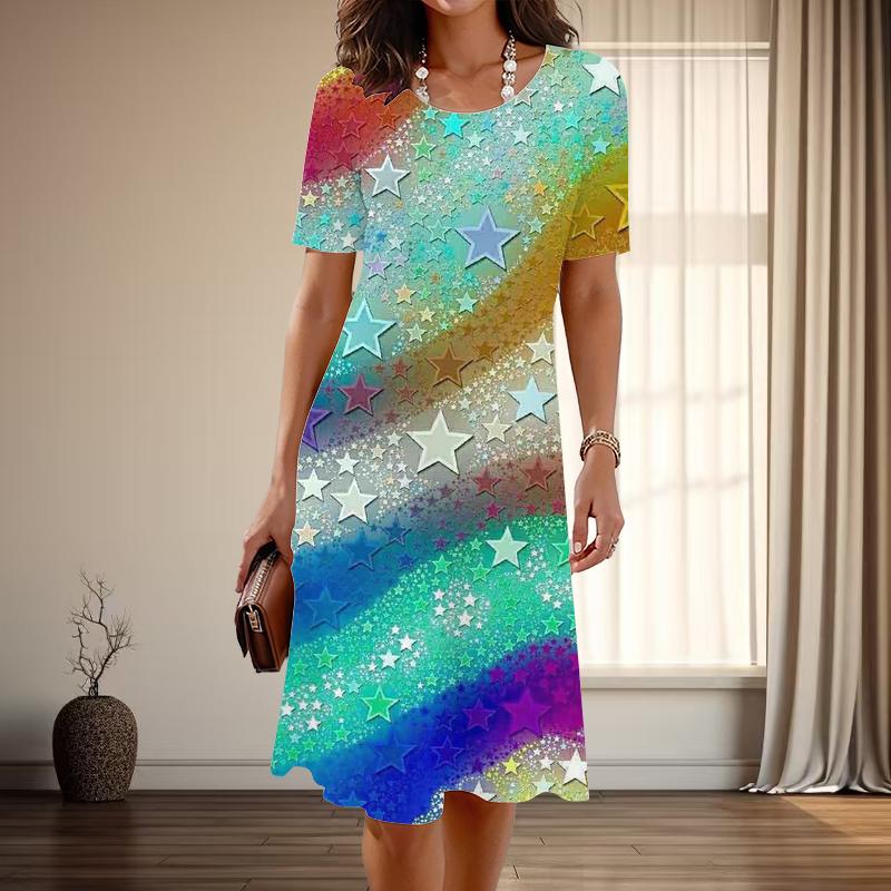 Damesmode Gracieuze Sterrenprint Zomer Lente Korte Mouw O-Hals Casual Jurken