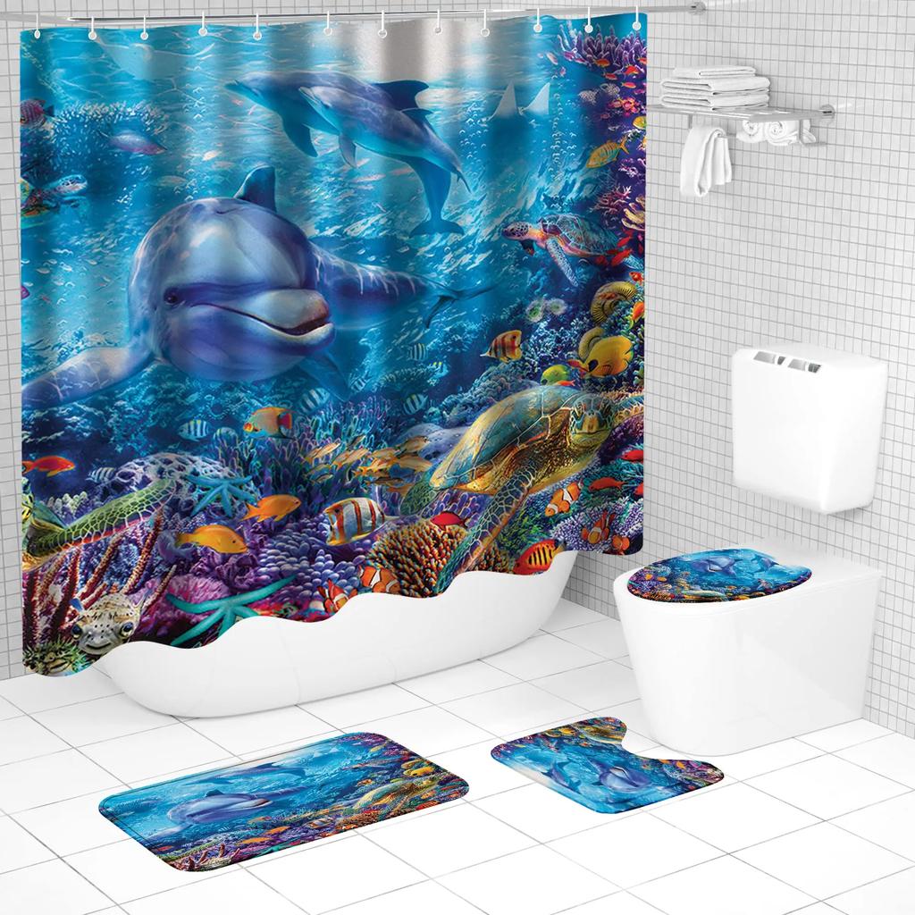 Deep Ocean Dolphin 3D Printing Waterproof Fabric Shower Curtain Set Bathroom Curtains Toilet Cover Mat Non Slip Rug Home Decor