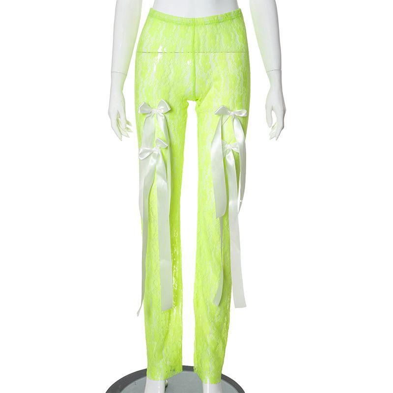 

Lace See-through Bows Pants 2024 Fashion New Sexy Mesh Hip Raise Slimming Casual Pants Green L