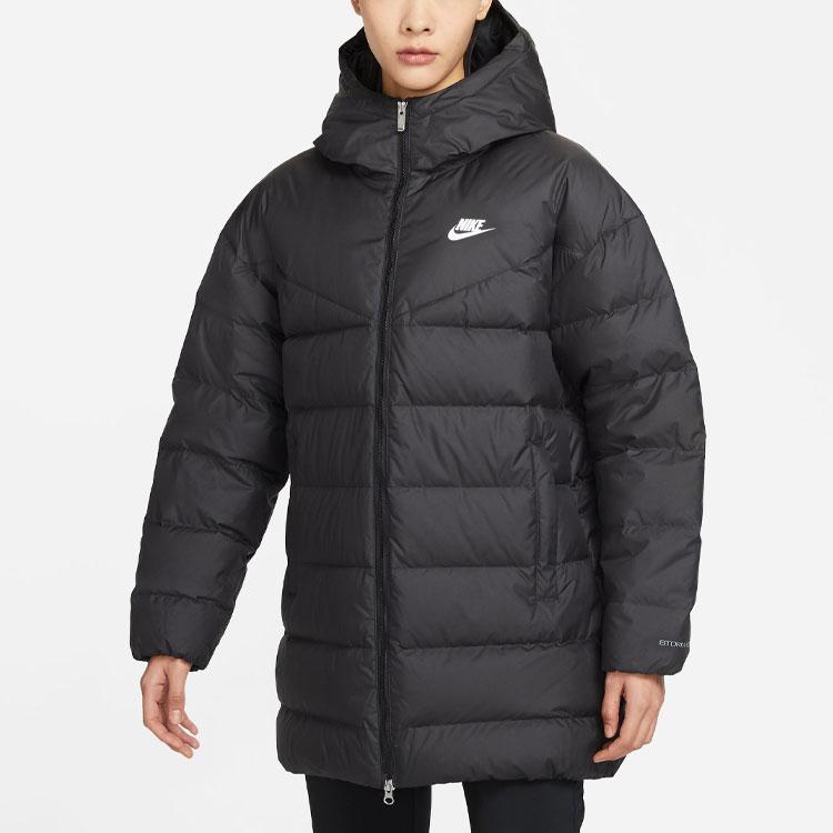 Nike Logo-Muster bedruckte Stehkragen-Kapuzen-Daunenjacke Damen Oberbekleidung Schwarz DQ6874-010