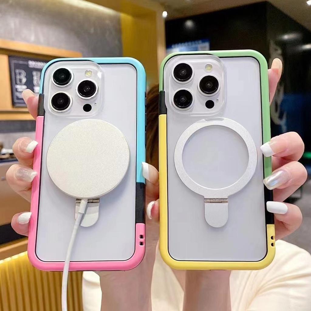 Applicable To Apple 15 Magnetic Bracket Mobile Phone Case 12 High-end Contrasting Color IPhone 14pro Lens Full-inclusive Protective Case