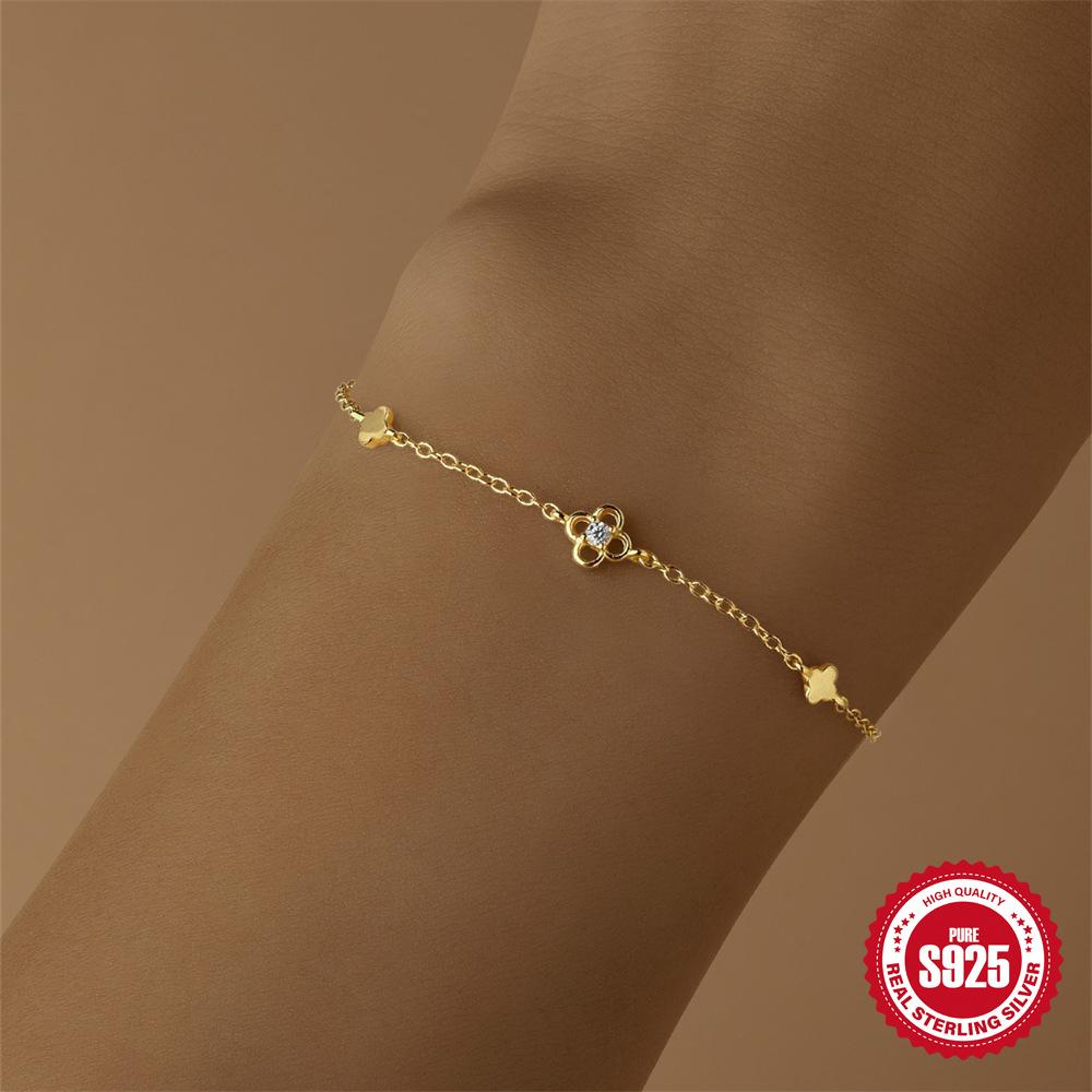 S925 Sterling Silver Gold-Plated Bracelet, Simple Plain Smooth Flower Four-Leaf Clover Bracelet, Women'S Temperament Bracelet.