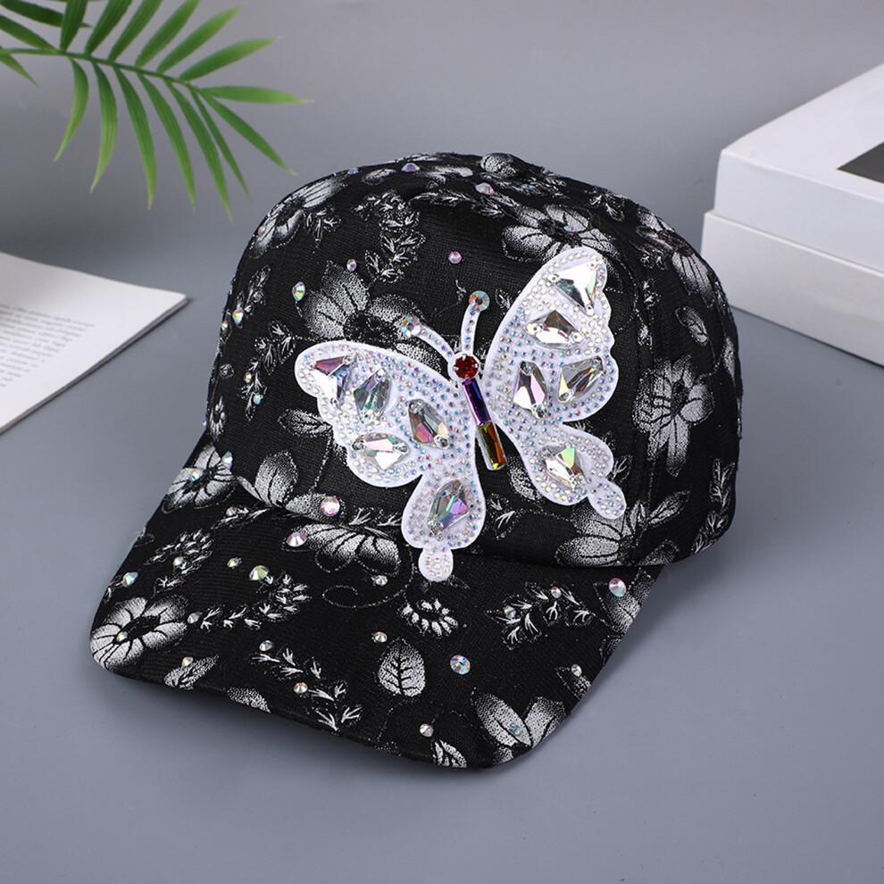 (Einheitsgröße, Schwarz) Damen Basecap Stilvolle Strass Schmetterling Blume Verstellbar Atmungsaktiv Breiter Rand Sonnenhut