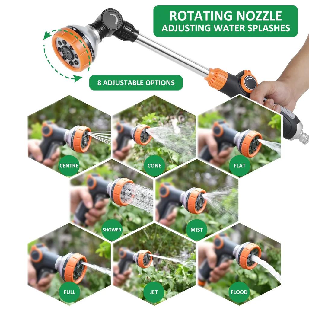 47 cm Vattensprutmunstycke Lång Stång Trädgårdsspridare med Justerbart Huvud 8 Sprutlägen Högtryck Bevattningsslang Munstycke