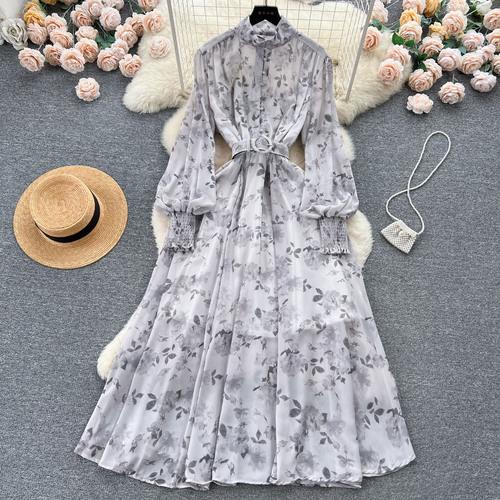 Autumn Elegant Dresses for Women Long Puff Sleeve Stand Collar Lapel Single Chiffon Floral Print Vestidos Skinny Dress Dropship