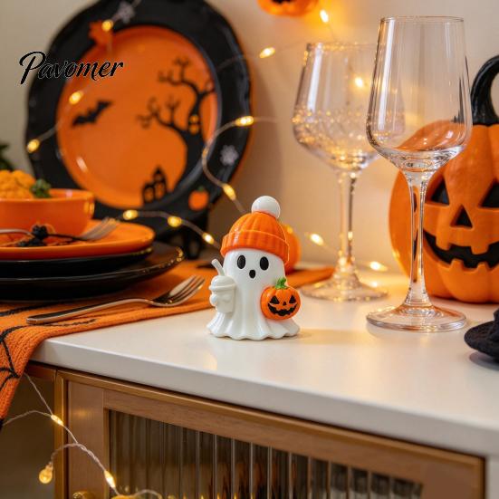 Halloween Desk Decorations 3D Printed Cute Ghost Figurine with Pumpkin Milk Tea, Orange Trend Gifts Beanie Ornaments, Funny Holiday Gift for