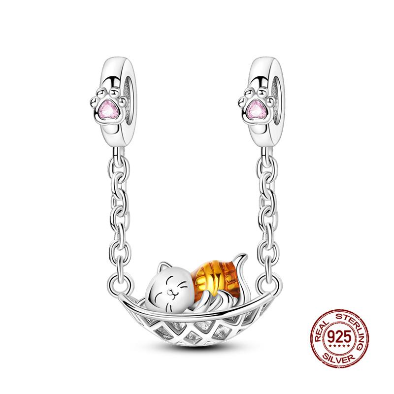 Original Charms Copper Cat Hammock Double Ring Pendant & Swing Charms Fits 3Mm Original Bracelet Women Diy Jewelry