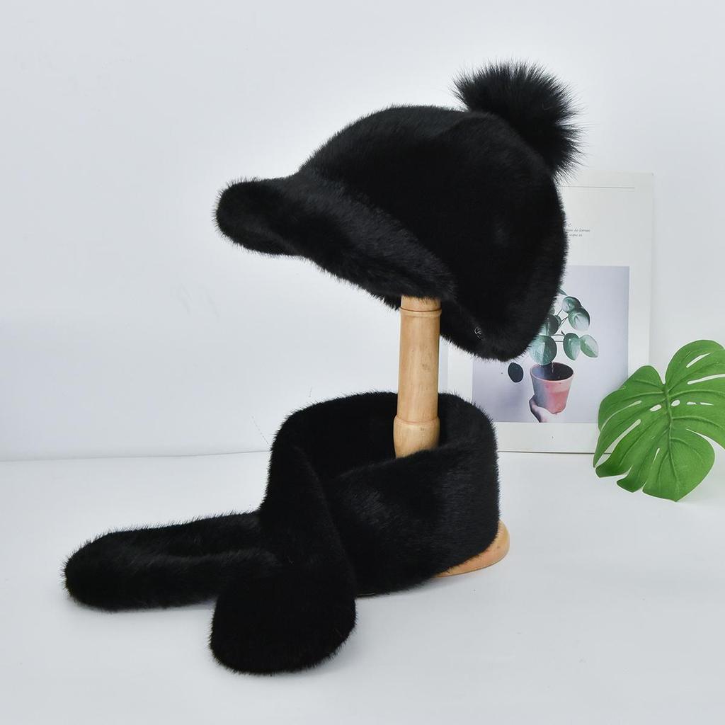 Autumn Winter Faux Mink Fur Baseball Cap for Women with Pom Pom, Faux Fur Warm Fleece Hat Scarf Set For Outdoor Travel