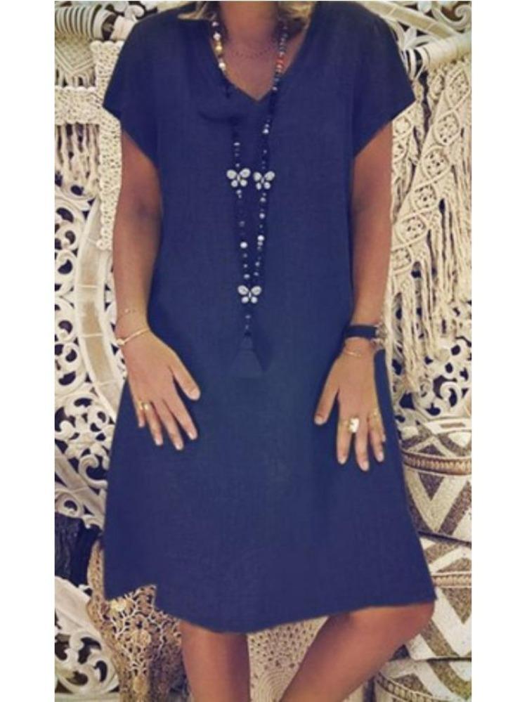 V Neck Short Sleeve Summer Dress Women Solid Color Cotton Linen 2023 European American Fashion