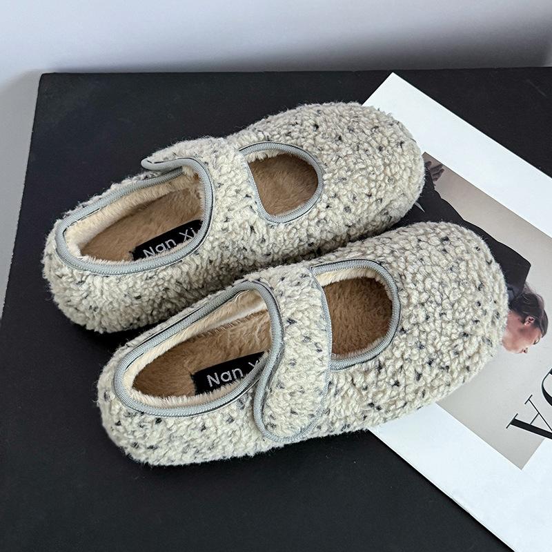 

Белые туфли из овечьей шерсти в горошек для женской верхней одежды 2025 зима верхняя одежда новые бархатные туфли Мэри Джейн на плоской подошве из хлопка 40 серый