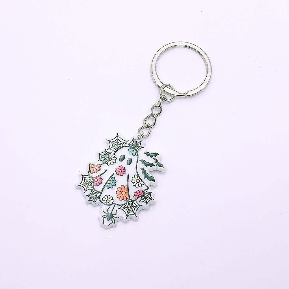 Double Sided Printed Acrylic Halloween Keychain Cartoon Ghost Pendant Charm Women Key Ring