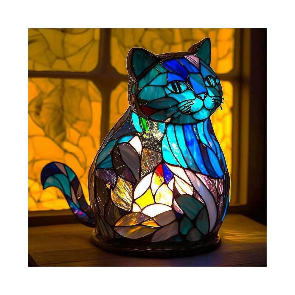 (kot)Zwierzęca Lampa Stołowa Witrażowa Żywica Witrażowa Lampka Nocna Retro Lampki Biurkowe Prezent Świąteczny