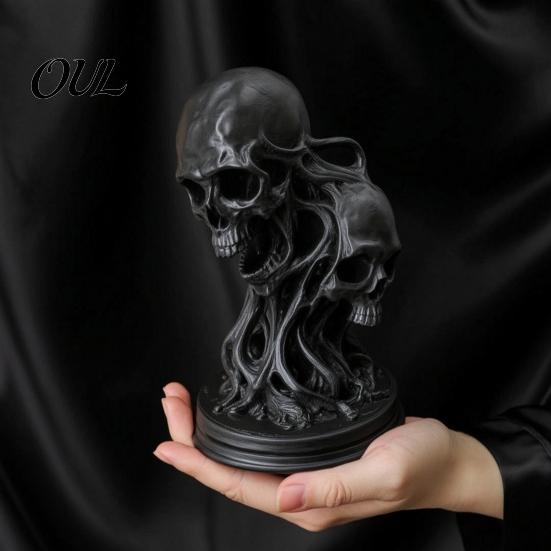 Spooky Bar Decor 3D Printed Double Skull Ornament, Resin Twisted Skeleton Figurine, Gothic Desktop Durable Halloween Table Decorations Statue for Home