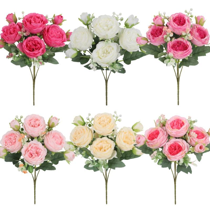 Rose Pink Silk Peony Artificial Flowers Bouquet 5 Big Head and 4 Bud Cheap Fake Flowers for Home Wedding Decoration indoor