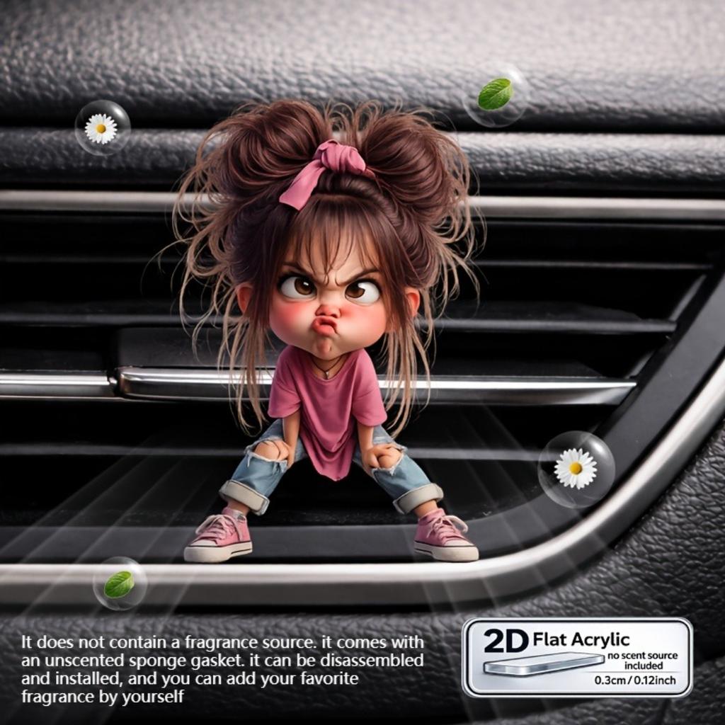 Cartoon Angry Girl 2D Acrylic Vent Mount Car Air Freshener, No Built-in Fragrance Liquid,  Nice Gift For Ladies Family Friends And Girlfriends