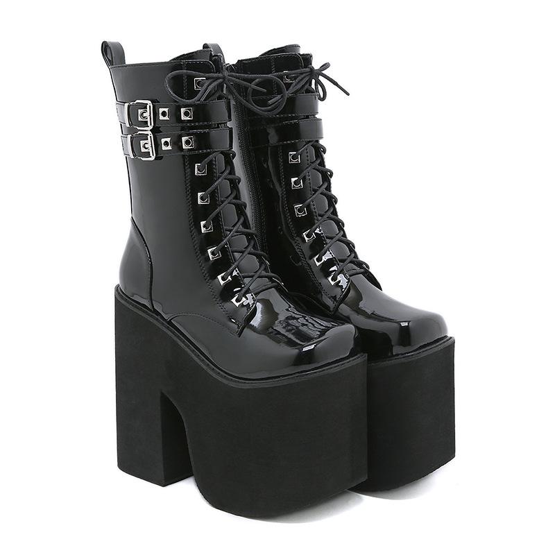 Thick High Heel Thick Sole Waterproof Table Martin Boots Black Patent Leather Square Head Stage Catwalk Boots Hate Sky High Boots