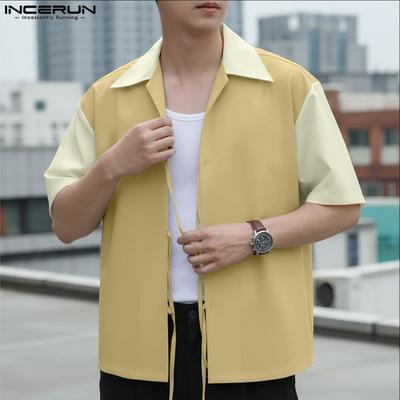 Oversized Men Lapel Neck Short Sleeve Stitching Lace-up Casual Loose Shirts