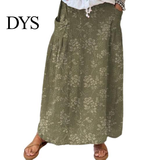 Women Summer Skirt Maxi Elastic Waist Flower Leaf Printed Casual Bohemia Style A-Line Loose Bubble Beach with Pockets A-line